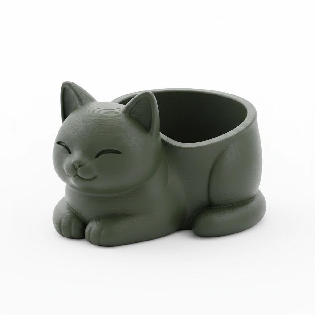 Mini Ghiveci Decorativ Forma Pisica, Suport Plante Mici Imprimat 3D - Olive green compozit mat, imprimare 3D Vibecraft