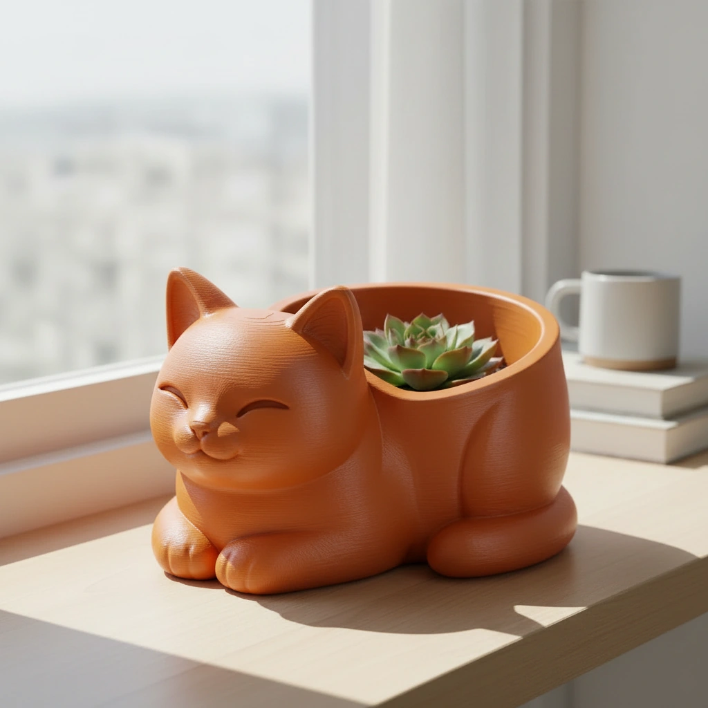 Mini Ghiveci Decorativ Forma Pisica, Suport Plante Mici Imprimat 3D - Orange compozit mat, imprimare 3D Vibecraft