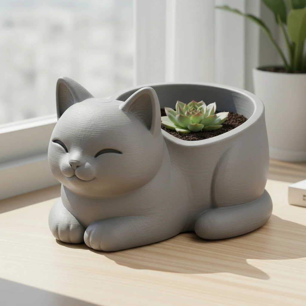 Mini Ghiveci Decorativ Forma Pisica, Suport Plante Mici Imprimat 3D - culoare Gri, imprimare 3D Vibecraft