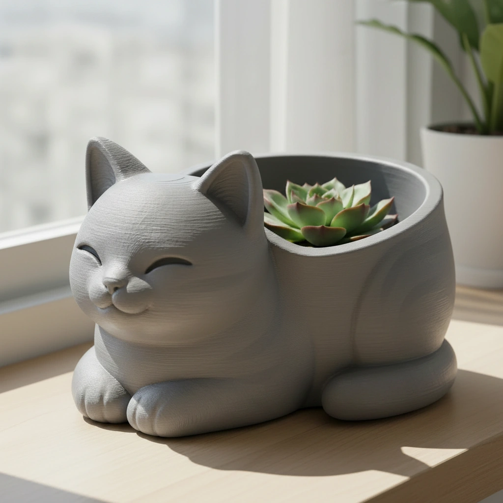 Mini Ghiveci Decorativ Forma Pisica, Suport Plante Mici Imprimat 3D - culoare Gri, imprimare 3D Vibecraft