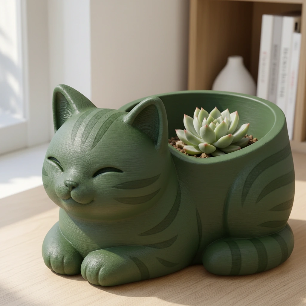Mini Ghiveci Decorativ Forma Pisica, Suport Plante Mici Imprimat 3D - culoare Verde, imprimare 3D Vibecraft