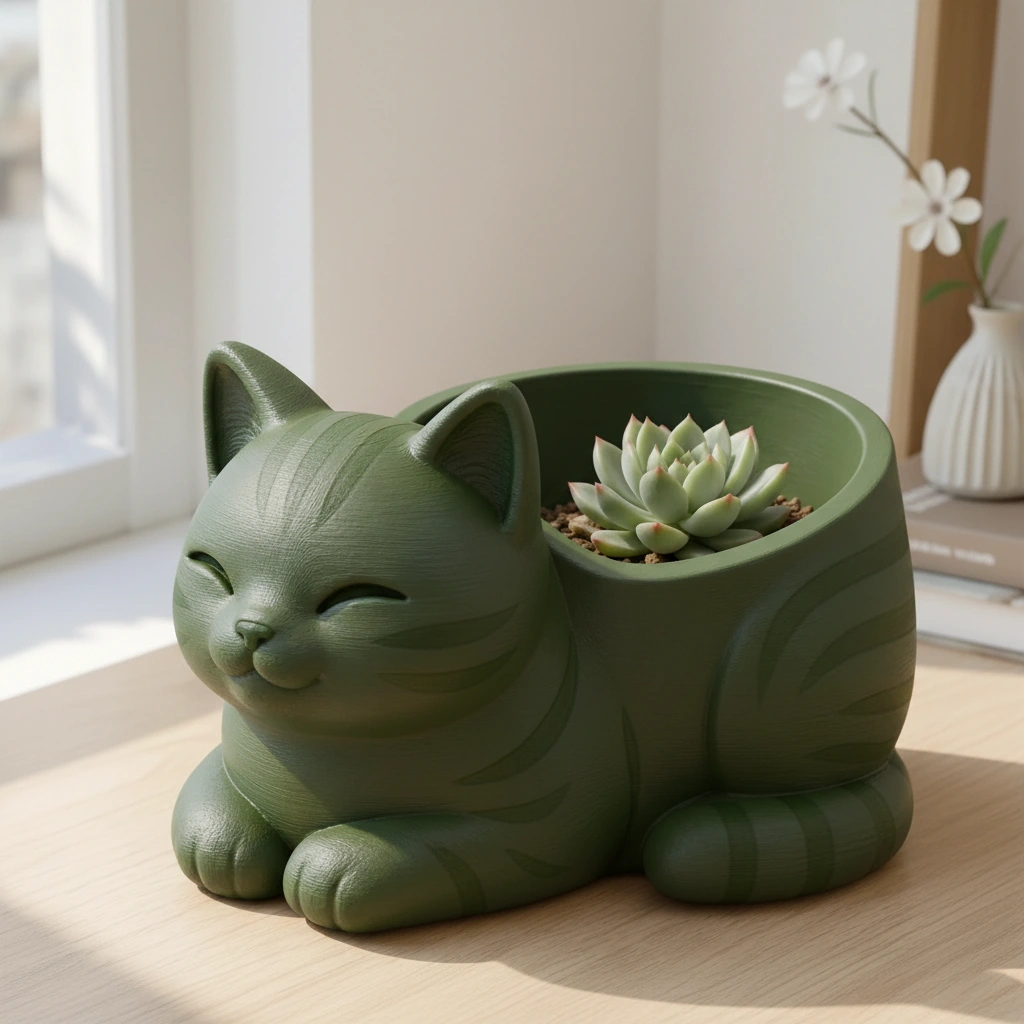 Mini Ghiveci Decorativ Forma Pisica, Suport Plante Mici Imprimat 3D - culoare Verde, imprimare 3D Vibecraft