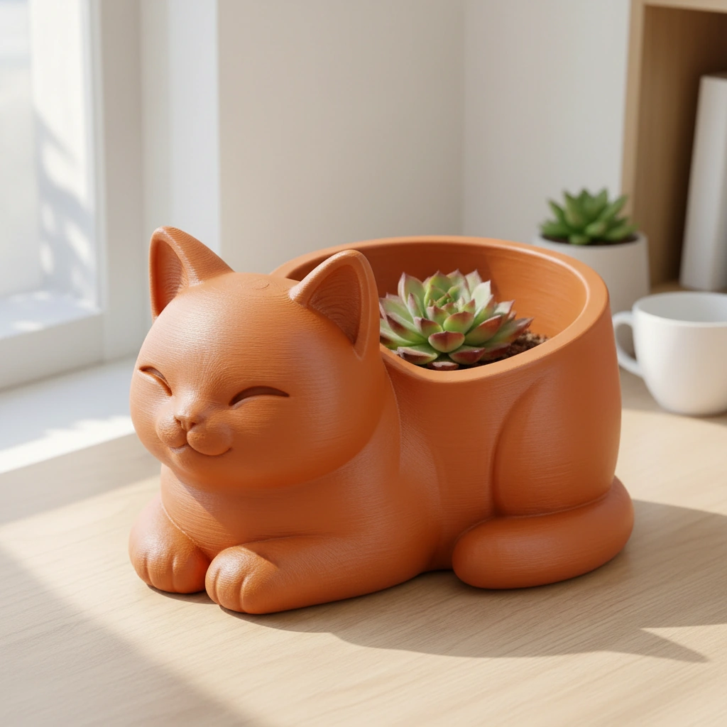 Mini Ghiveci Decorativ Forma Pisica, Suport Plante Mici Imprimat 3D - culoare Portocaliu, imprimare 3D Vibecraft