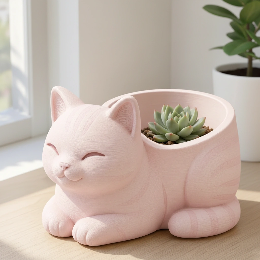 Mini Ghiveci Decorativ Forma Pisica, Suport Plante Mici Imprimat 3D - culoare Roz, imprimare 3D Vibecraft