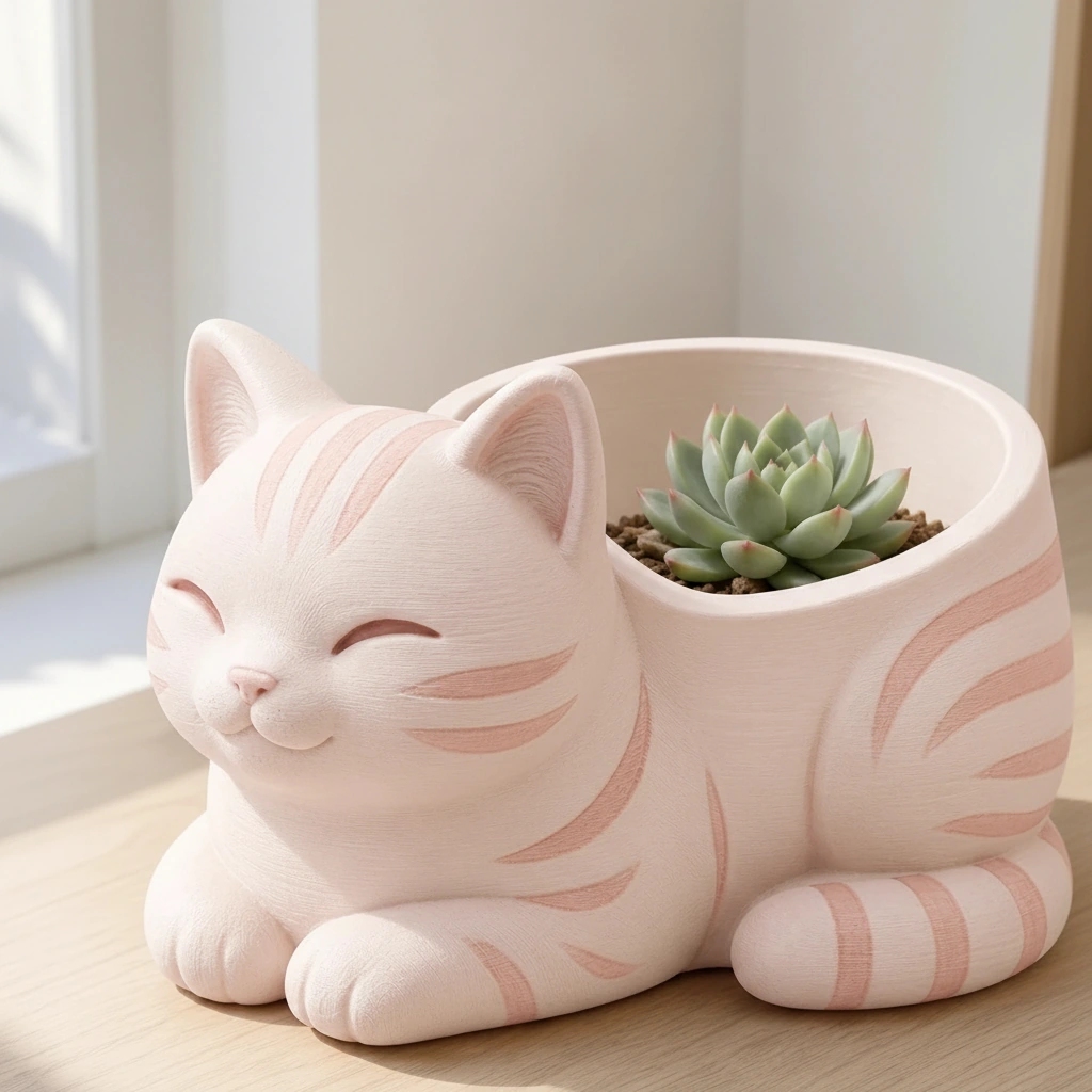 Mini Ghiveci Decorativ Forma Pisica, Suport Plante Mici Imprimat 3D - culoare Roz, imprimare 3D Vibecraft