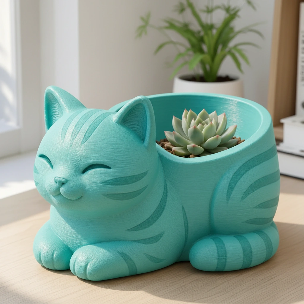 Mini Ghiveci Decorativ Forma Pisica, Suport Plante Mici Imprimat 3D - culoare Albastru verzui, imprimare 3D Vibecraft