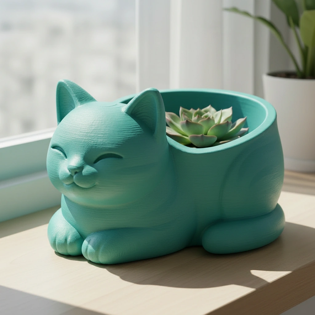Mini Ghiveci Decorativ Forma Pisica, Suport Plante Mici Imprimat 3D - culoare Albastru verzui, imprimare 3D Vibecraft
