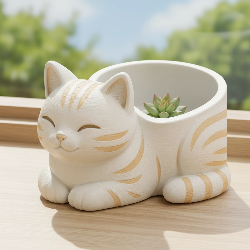 Mini Ghiveci Decorativ Forma Pisica, Suport Plante Mici Imprimat 3D - culoare Alb, produs imprimat 3D Vibecraft