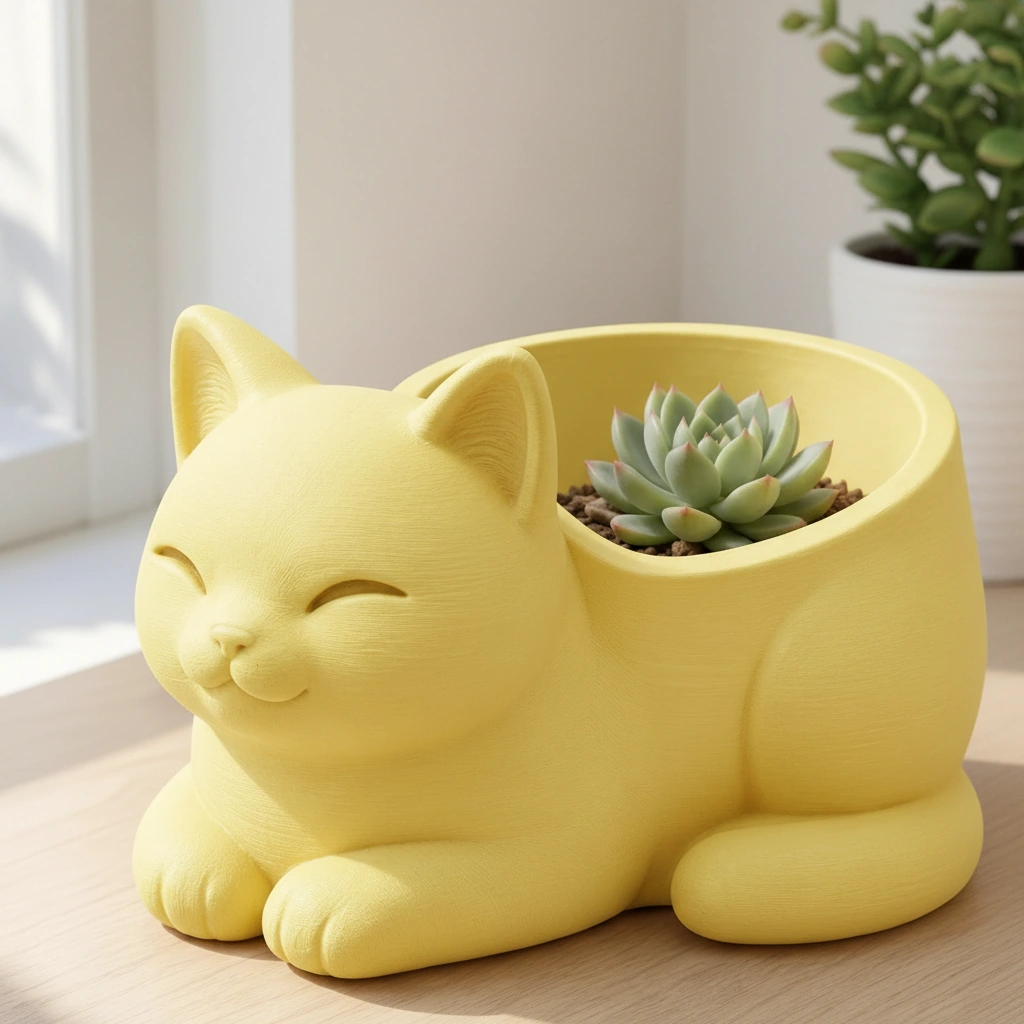 Mini Ghiveci Decorativ Forma Pisica, Suport Plante Mici Imprimat 3D - culoare Galben, imprimare 3D Vibecraft