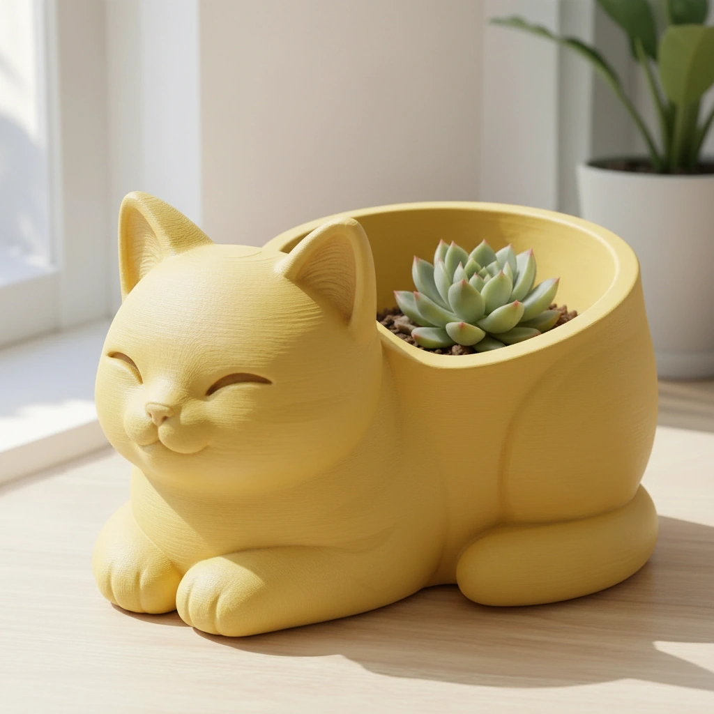 Mini Ghiveci Decorativ Forma Pisica, Suport Plante Mici Imprimat 3D - culoare Galben, imprimare 3D Vibecraft