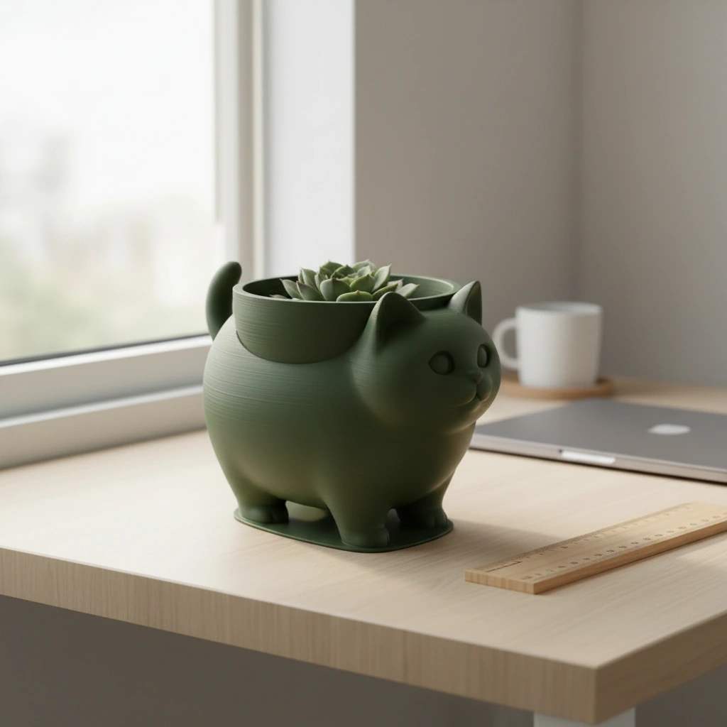 Mini Ghiveci Decorativ Pisica American Shorthair pentru Plante Mici - Olive green compozit mat, imprimare 3D Vibecraft