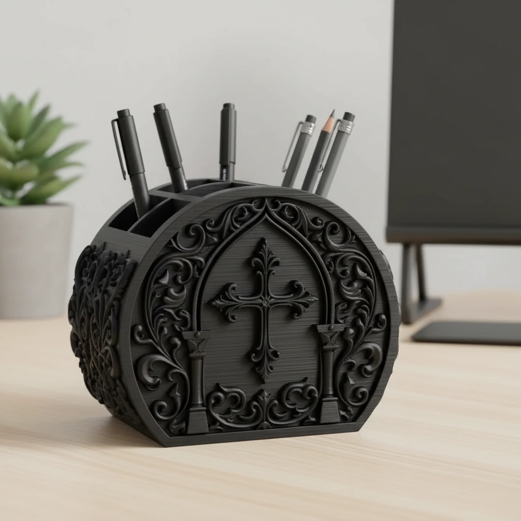 Organizator Birou Decorativ Ornat Suport Pixuri Accesorii Cosmetice - culoare Negru, produs imprimat 3D Vibecraft