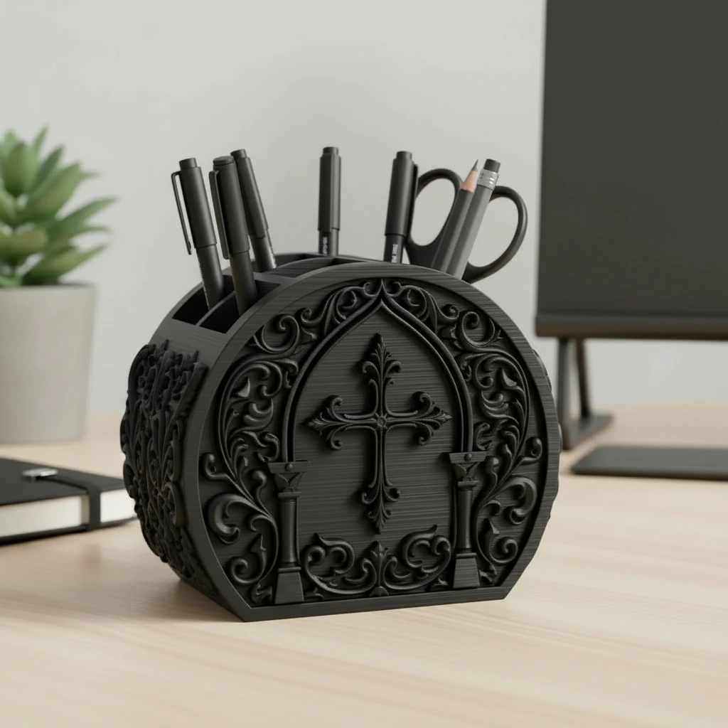 Organizator Birou Decorativ Ornat Suport Pixuri Accesorii Cosmetice - Negru compozit mat, imprimare 3D Vibecraft