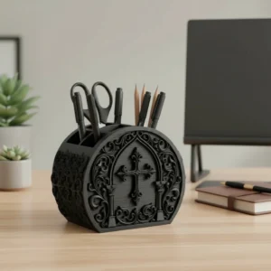 Organizator Birou Decorativ Ornat Suport Pixuri Accesorii Cosmetice - Negru compozit mat, imprimare 3D Vibecraft