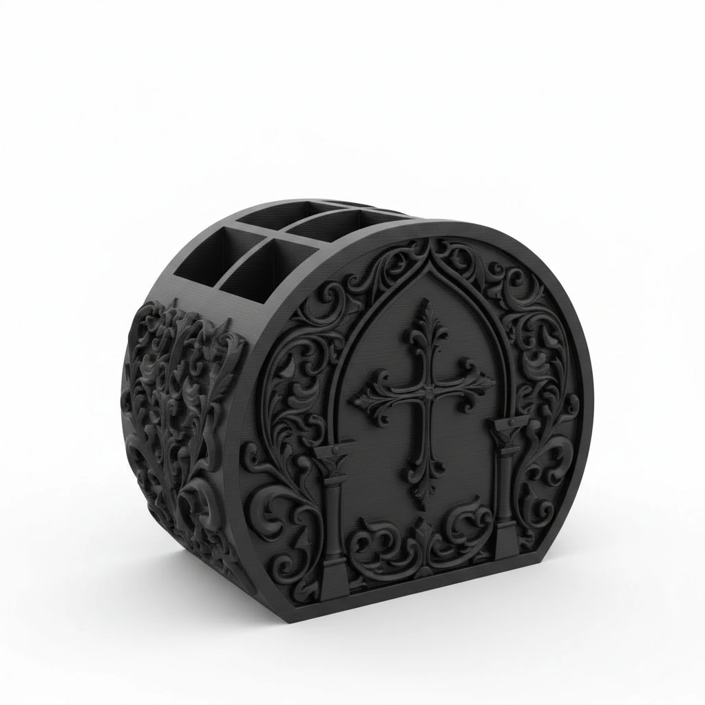 Organizator Birou Decorativ Ornat Suport Pixuri Accesorii Cosmetice - Negru compozit mat, imprimare 3D Vibecraft