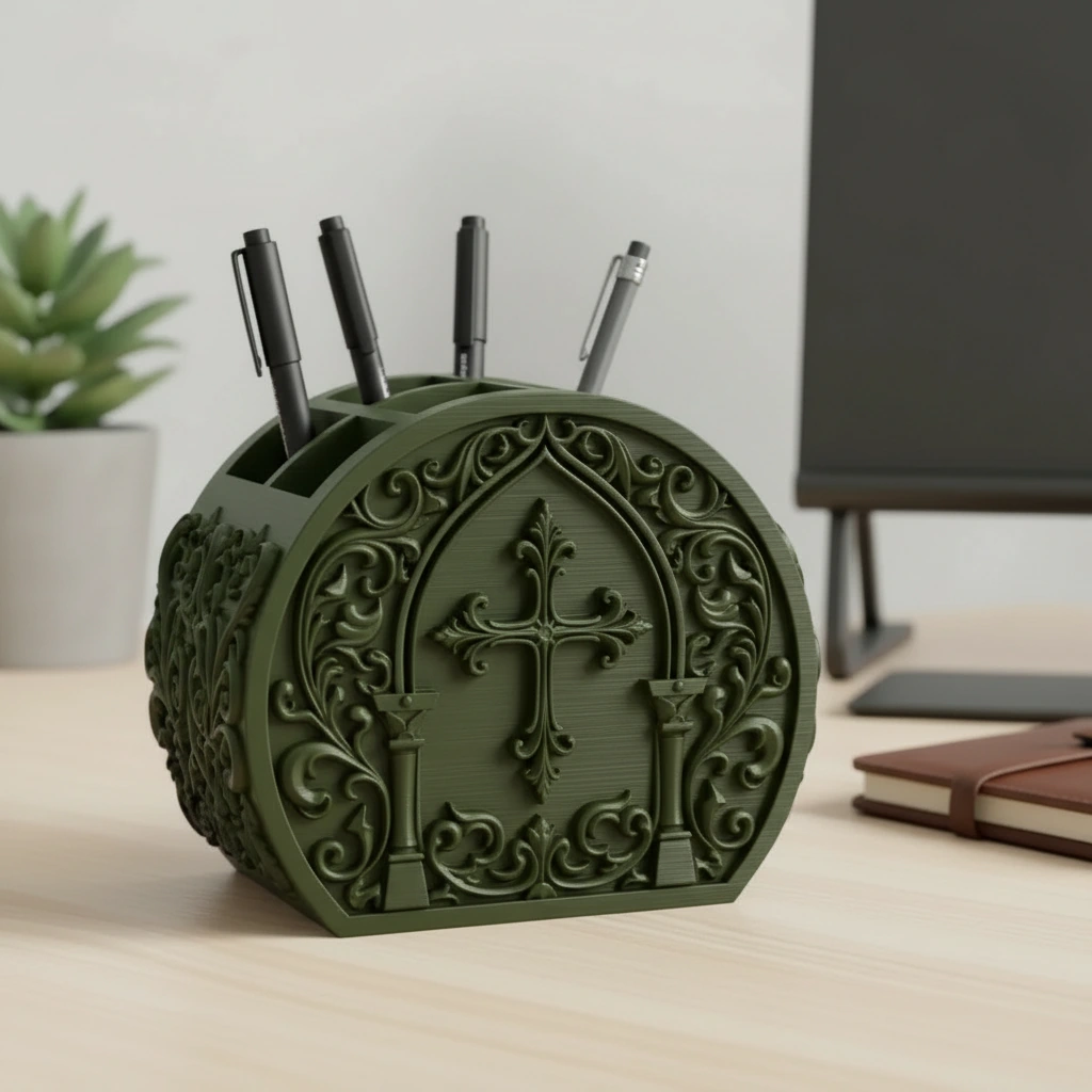 Organizator Birou Decorativ Ornat Suport Pixuri Accesorii Cosmetice - Olive green compozit mat, imprimare 3D Vibecraft
