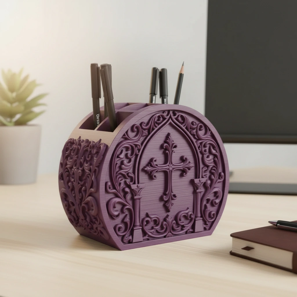 Organizator Birou Decorativ Ornat Suport Pixuri Accesorii Cosmetice - Purple red compozit mat, imprimare 3D Vibecraft