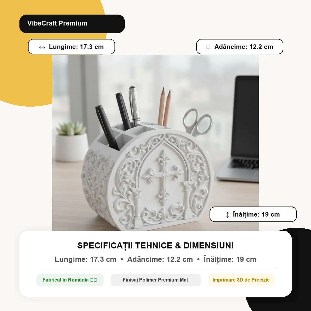 Organizator Birou Decorativ Ornat Suport Pixuri Accesorii Cosmetice - dimensiuni produs, produs imprimat 3D Vibecraft