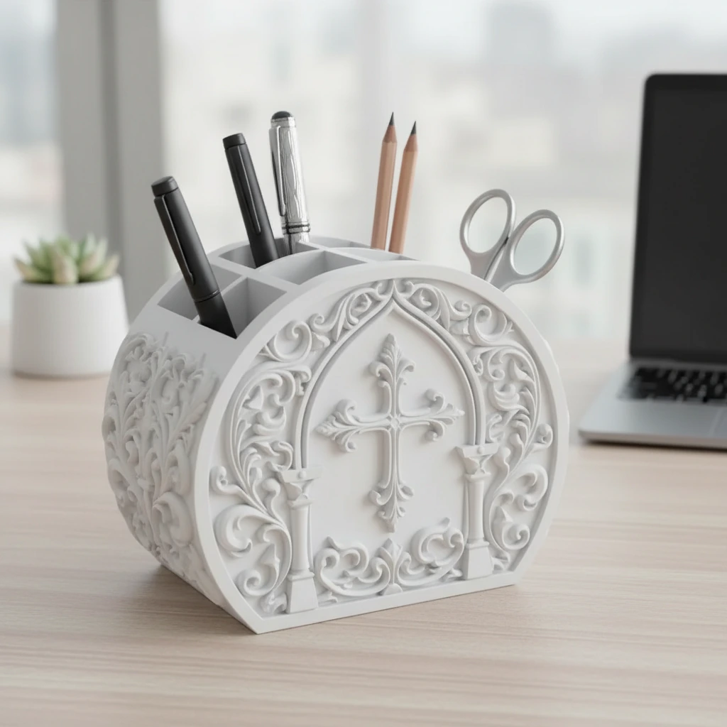 Organizator Birou Decorativ Ornat Suport Pixuri Accesorii Cosmetice - culoare Alb, produs imprimat 3D Vibecraft
