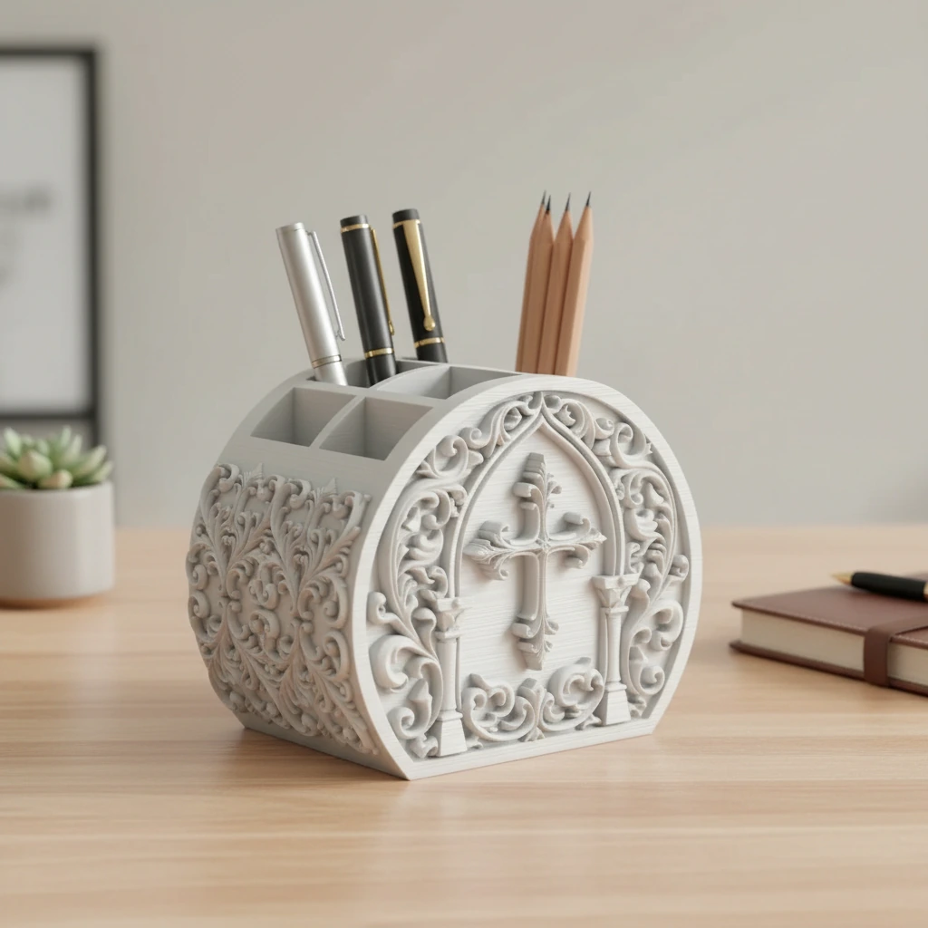 Organizator Birou Decorativ Ornat Suport Pixuri Accesorii Cosmetice - culoare Alb, produs imprimat 3D Vibecraft