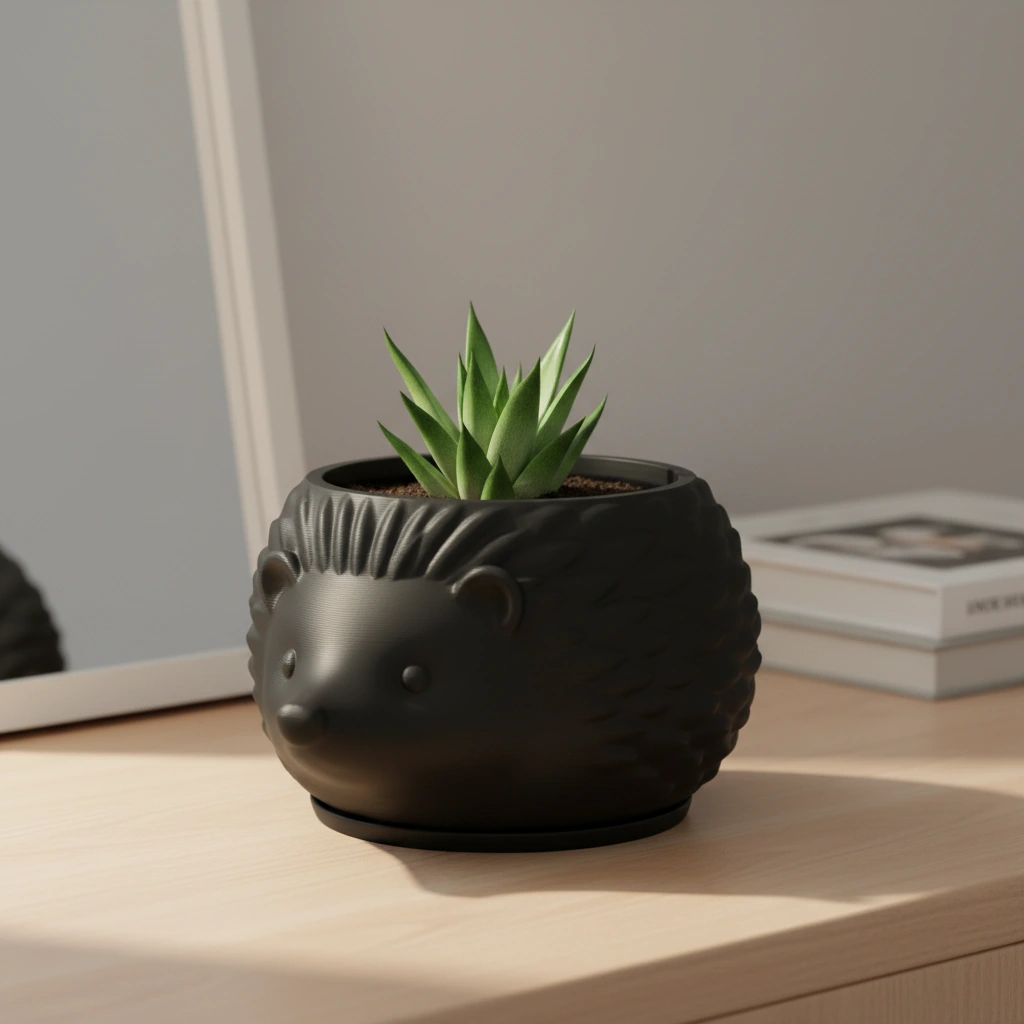 Mini Ghiveci Decorativ Arici Imprimat 3D, Suport Plante Mici - Negru compozit mat, imprimare 3D Vibecraft
