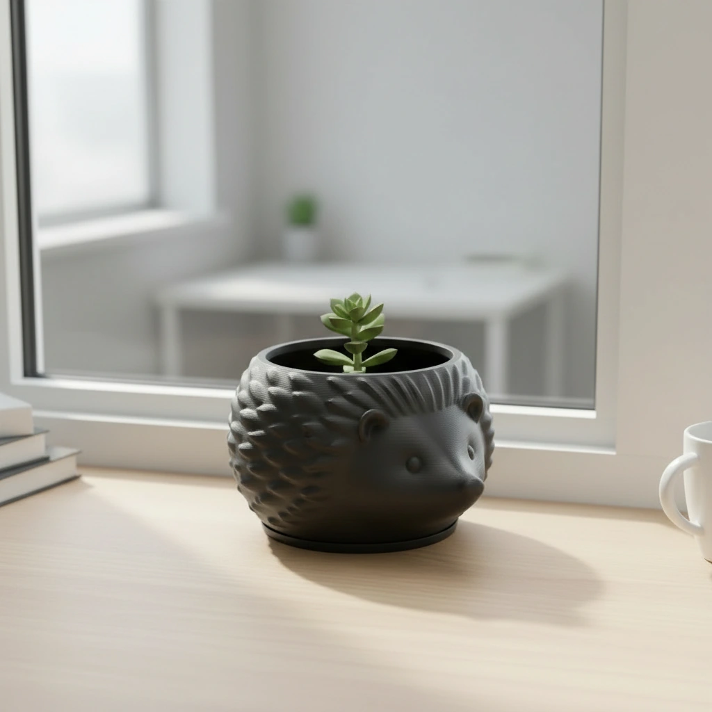 Mini Ghiveci Decorativ Arici Imprimat 3D, Suport Plante Mici - Negru compozit mat, imprimare 3D Vibecraft