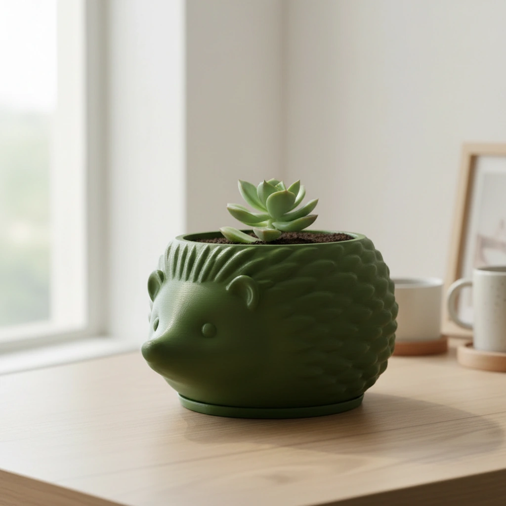 Mini Ghiveci Decorativ Arici Imprimat 3D, Suport Plante Mici - Olive green compozit mat, imprimare 3D Vibecraft