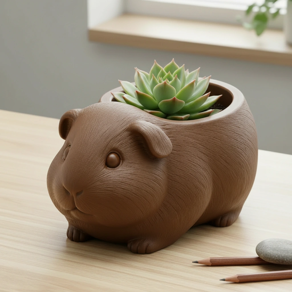 Mini Ghiveci Decorativ Imprimat 3D, Forma Porcusor de Guineea, Suport Plante Mici - culoare Maro, imprimare 3D Vibecraft