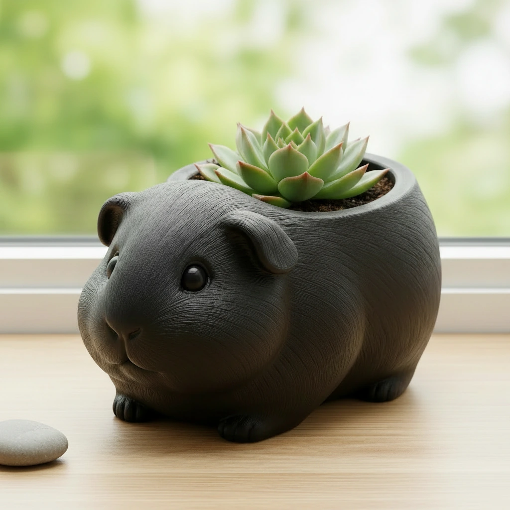 Mini Ghiveci Decorativ Imprimat 3D, Forma Porcusor de Guineea, Suport Plante Mici - Negru compozit mat, imprimare 3D Vibecraft
