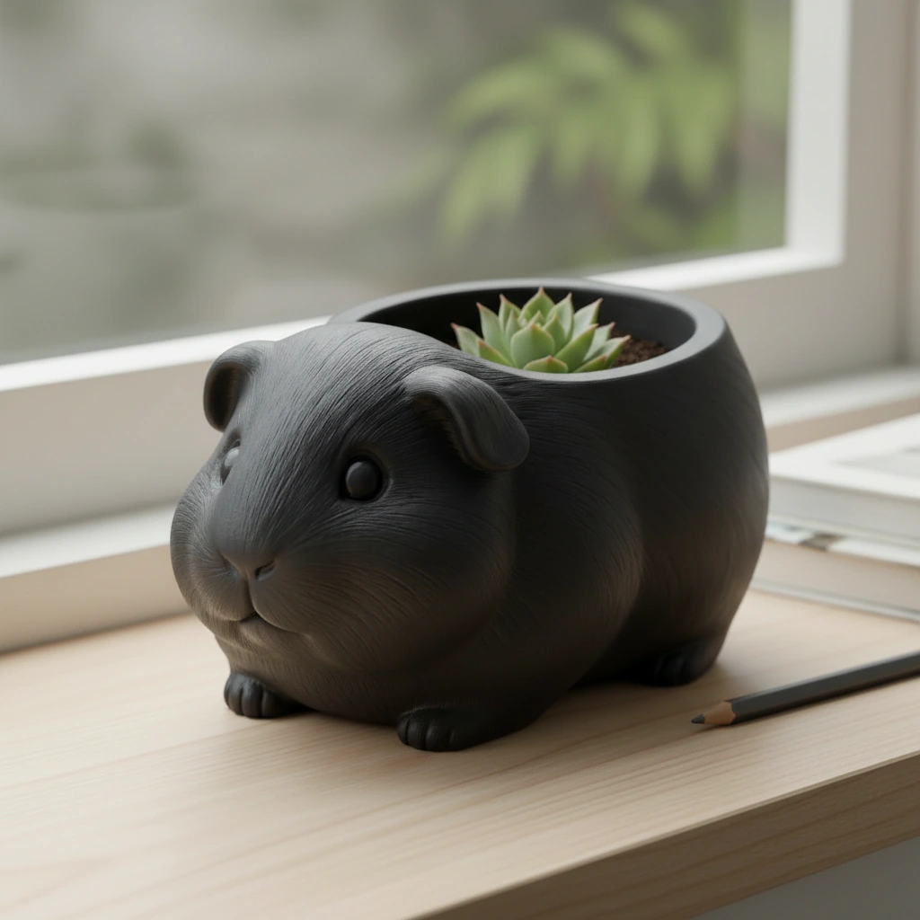 Mini Ghiveci Decorativ Imprimat 3D, Forma Porcusor de Guineea, Suport Plante Mici - Negru compozit mat, imprimare 3D Vibecraft