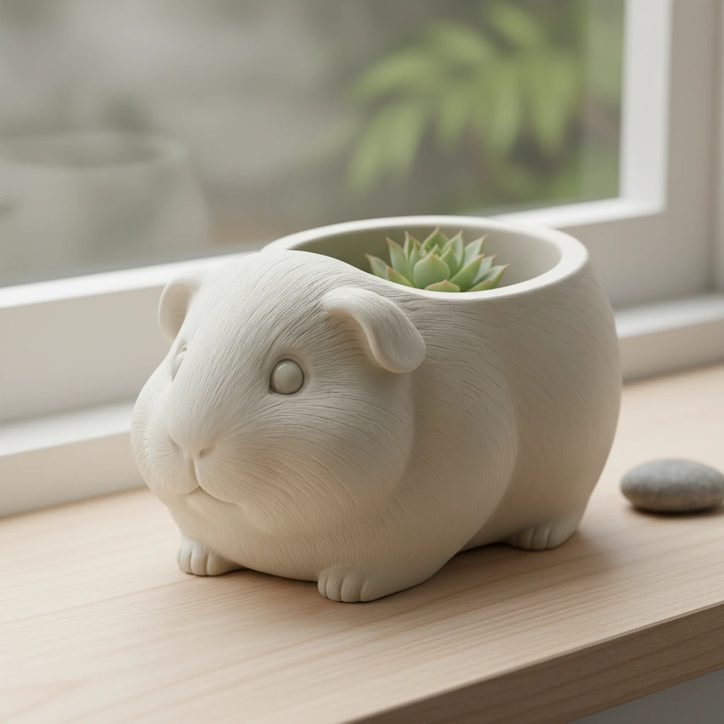 Mini Ghiveci Decorativ Imprimat 3D, Forma Porcusor de Guineea, Suport Plante Mici - culoare Alb, produs imprimat 3D Vibecraft