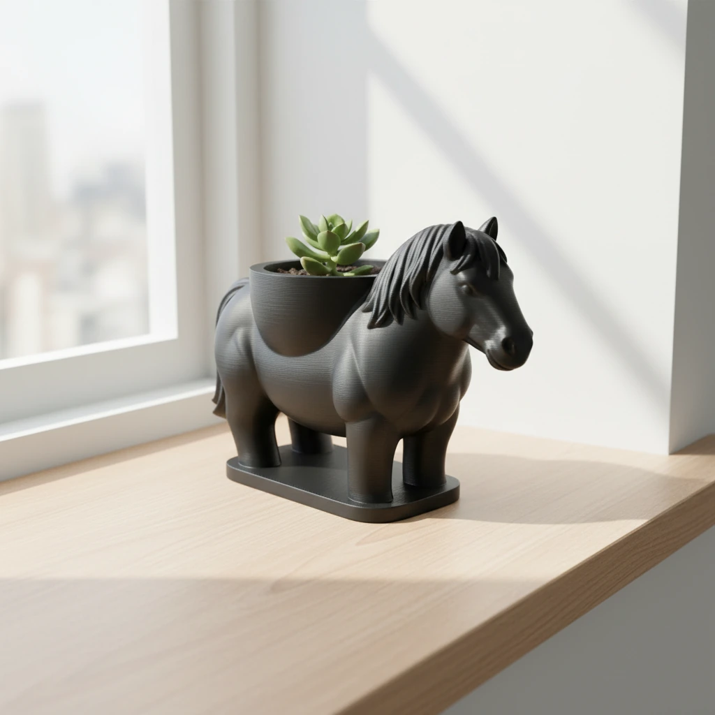 Mini Ghiveci Decorativ Cal Imprimat 3D Suport Plante Mici - culoare Negru, produs imprimat 3D Vibecraft