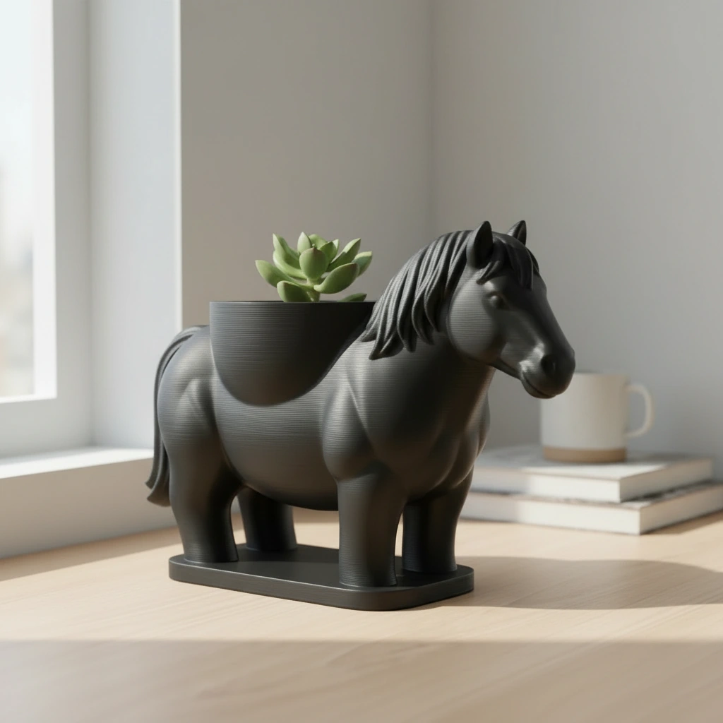 Mini Ghiveci Decorativ Cal Imprimat 3D Suport Plante Mici - Negru compozit mat, imprimare 3D Vibecraft