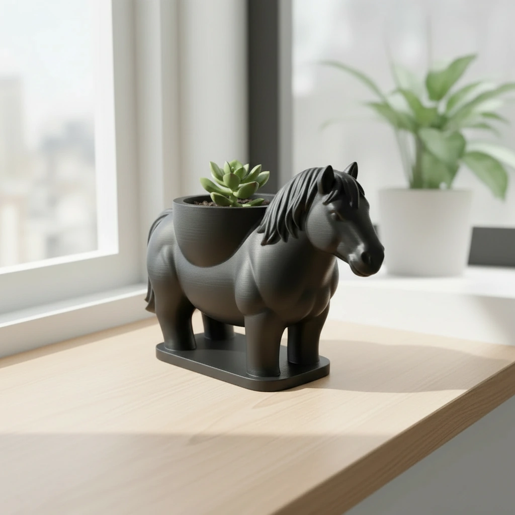 Mini Ghiveci Decorativ Cal Imprimat 3D Suport Plante Mici - Negru compozit mat, imprimare 3D Vibecraft