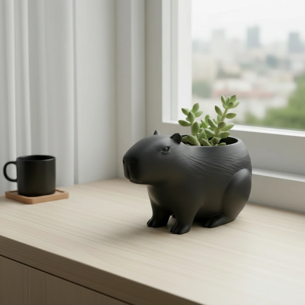 Mini Ghiveci Decorativ Capibara, Suport Plante Imprimat 3D - Negru compozit mat, imprimare 3D Vibecraft