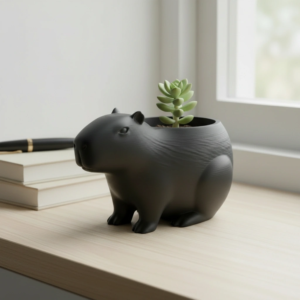 Mini Ghiveci Decorativ Capibara, Suport Plante Imprimat 3D - Negru compozit mat, imprimare 3D Vibecraft