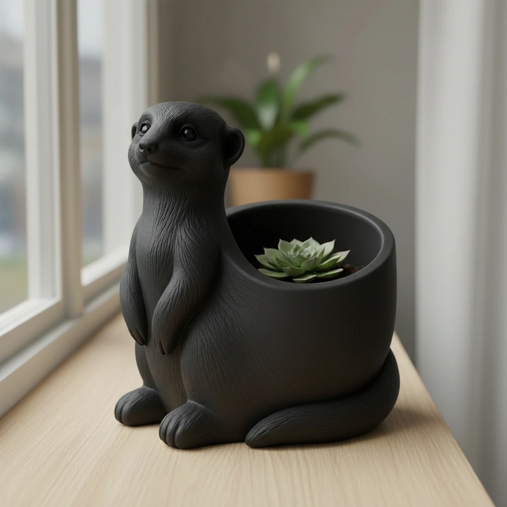 Ghiveci Decorativ Suport Plante Design Suricata Imprimat 3D - Negru compozit mat, imprimare 3D Vibecraft