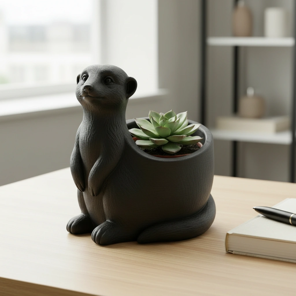 Ghiveci Decorativ Suport Plante Design Suricata Imprimat 3D - Negru compozit mat, imprimare 3D Vibecraft
