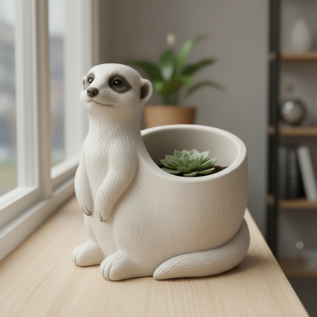 Ghiveci Decorativ Suport Plante Design Suricata Imprimat 3D - culoare Alb, produs imprimat 3D Vibecraft