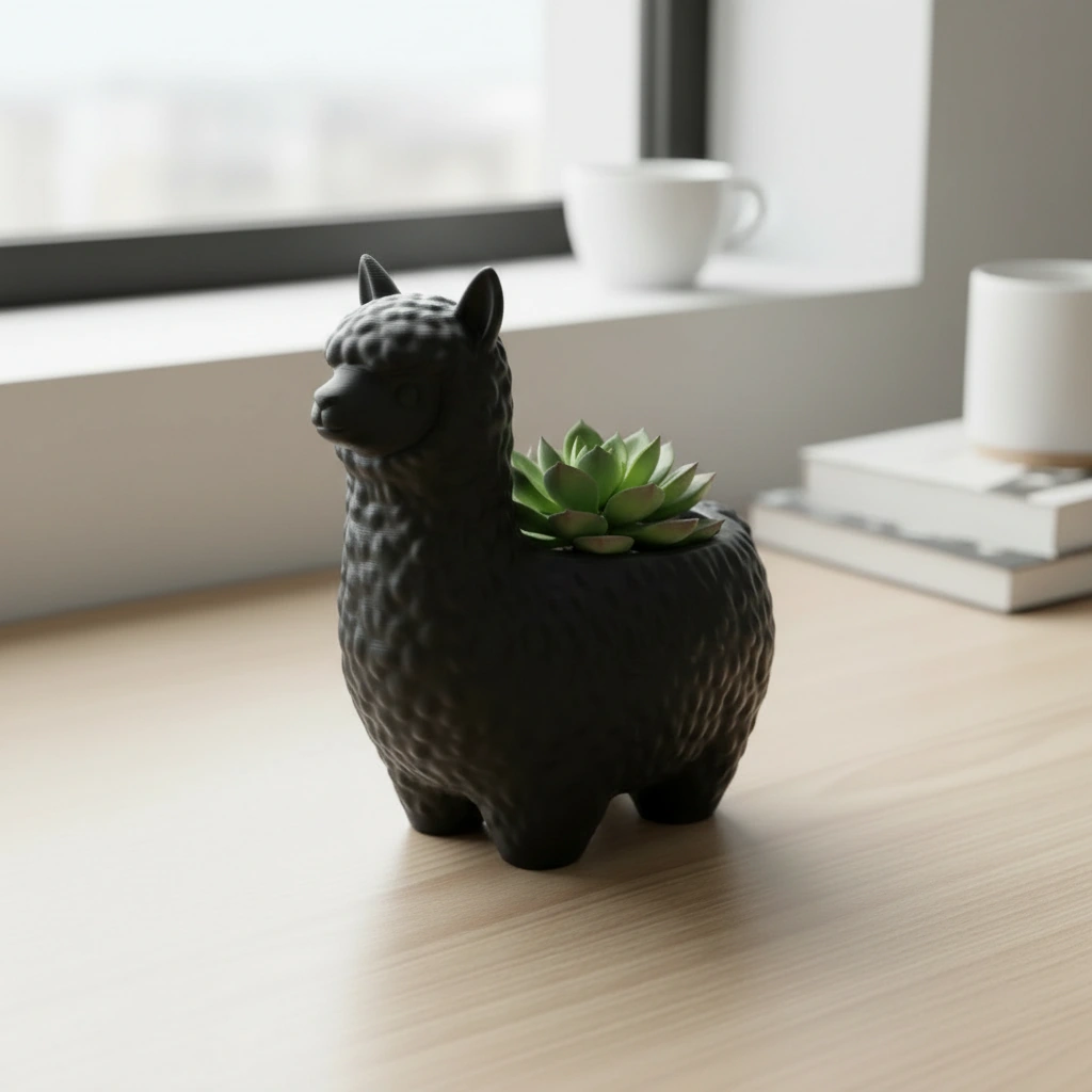 Mini Ghiveci Decorativ Alpaca Imprimat 3D pentru Plante Mici - Negru compozit mat, imprimare 3D Vibecraft
