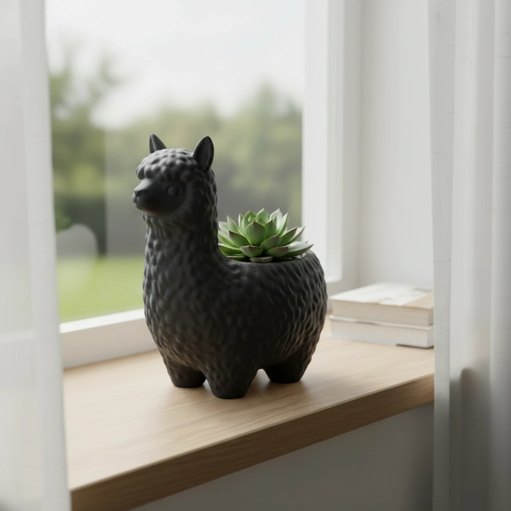 Mini Ghiveci Decorativ Alpaca Imprimat 3D pentru Plante Mici - Negru compozit mat, imprimare 3D Vibecraft