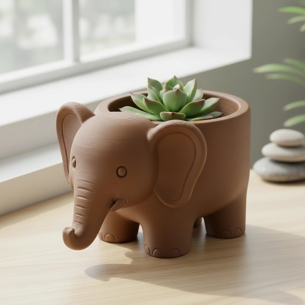 Ghiveci Decorativ Elefant Imprimat 3D pentru Plante - culoare Maro, imprimare 3D Vibecraft