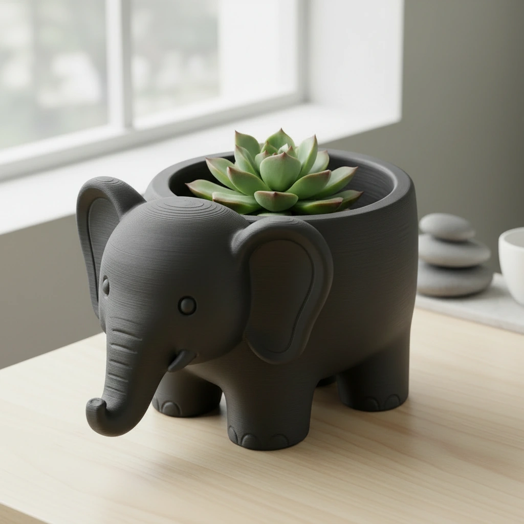 Ghiveci Decorativ Elefant Imprimat 3D pentru Plante - Negru compozit mat, imprimare 3D Vibecraft