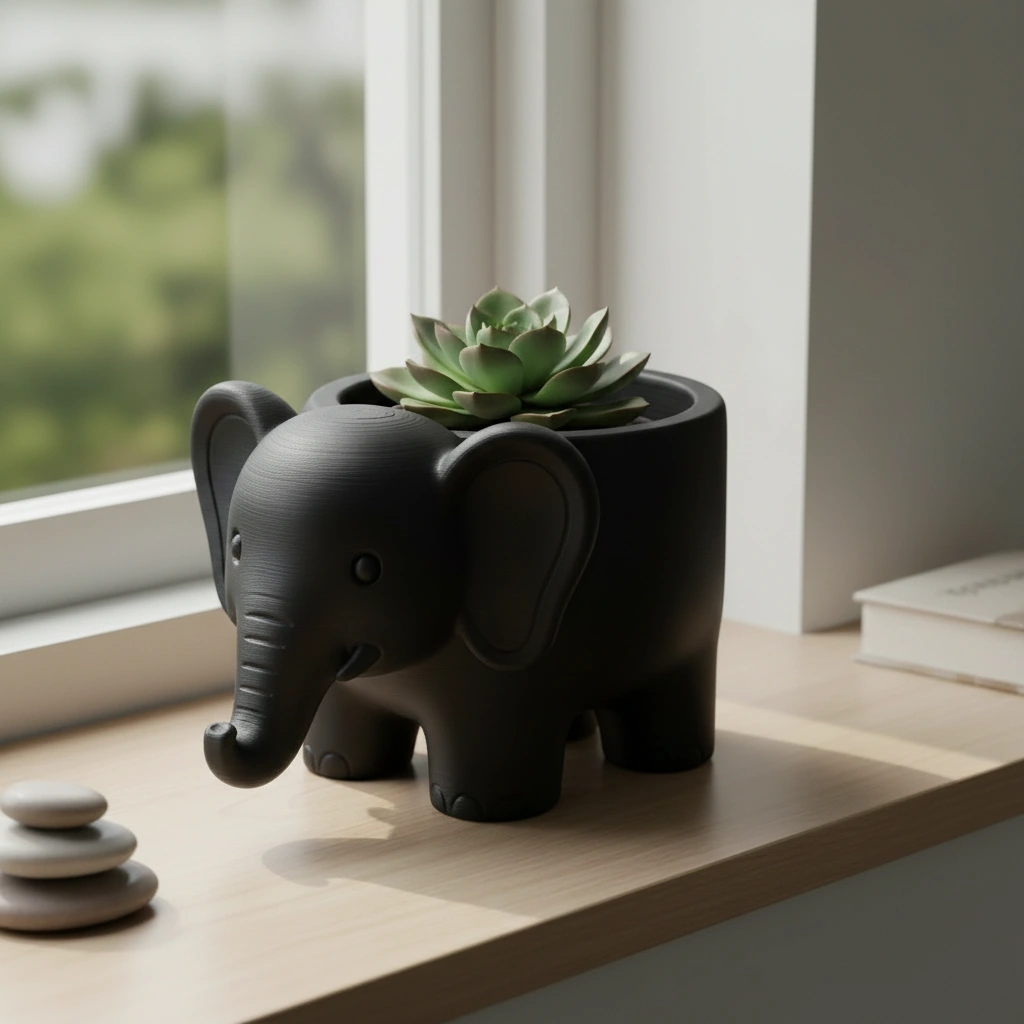 Ghiveci Decorativ Elefant Imprimat 3D pentru Plante - Negru compozit mat, imprimare 3D Vibecraft