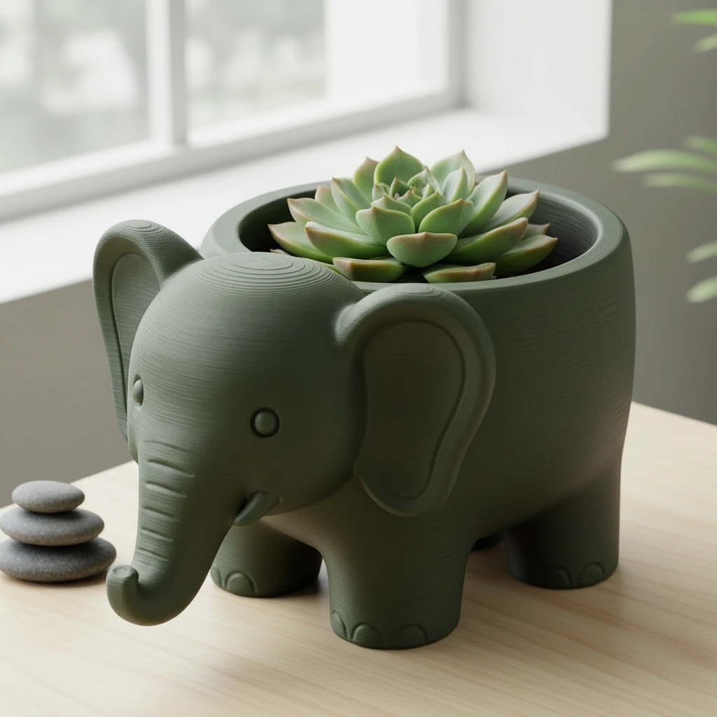 Ghiveci Decorativ Elefant Imprimat 3D pentru Plante - Olive green compozit mat, imprimare 3D Vibecraft
