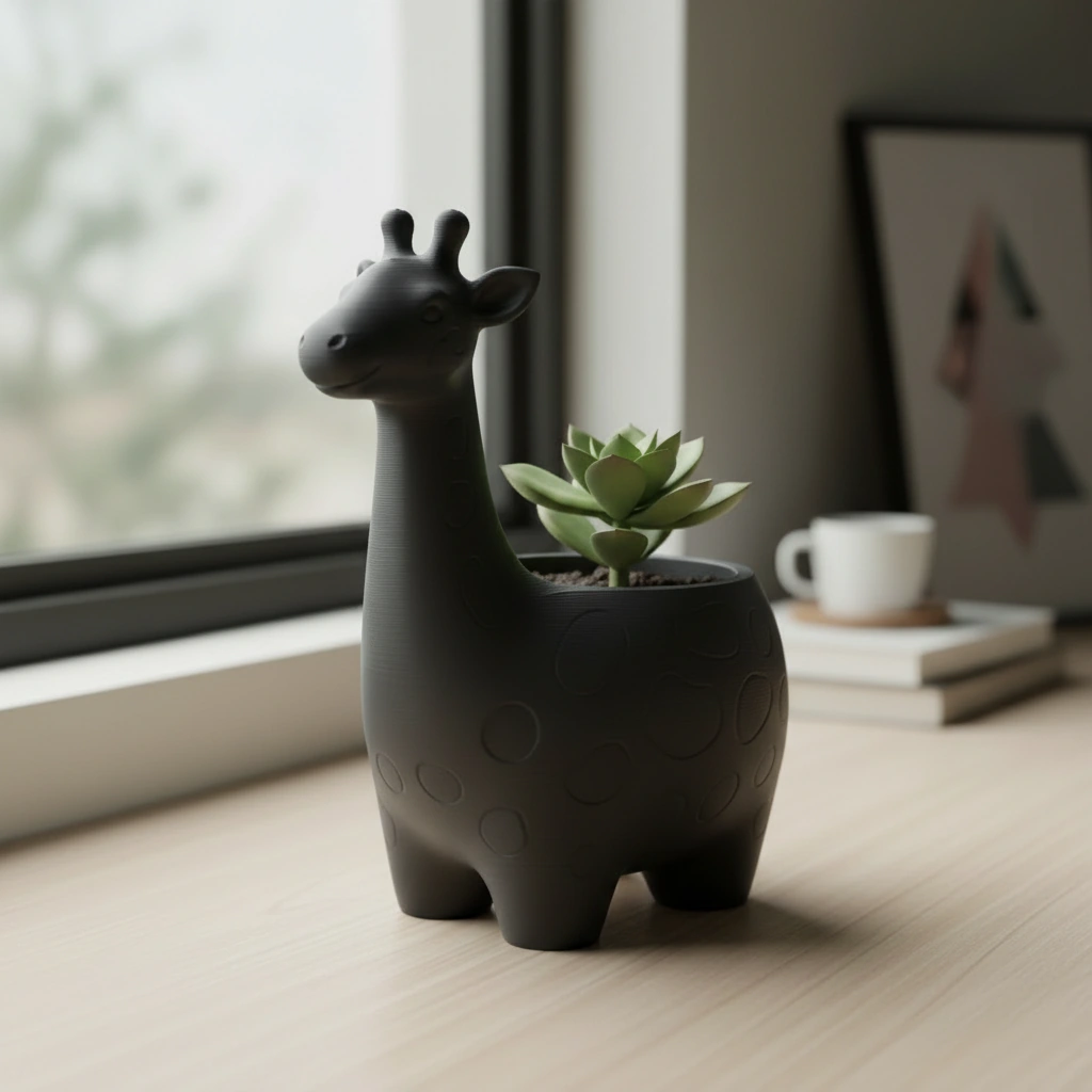 Ghiveci Decorativ Imprimat 3D cu Design Girafa pentru Plante Mici - Negru compozit mat, imprimare 3D Vibecraft