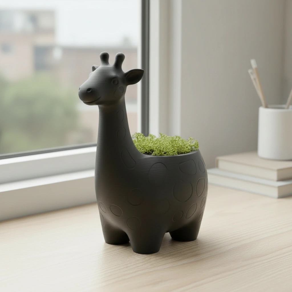 Ghiveci Decorativ Imprimat 3D cu Design Girafa pentru Plante Mici - Negru compozit mat, imprimare 3D Vibecraft