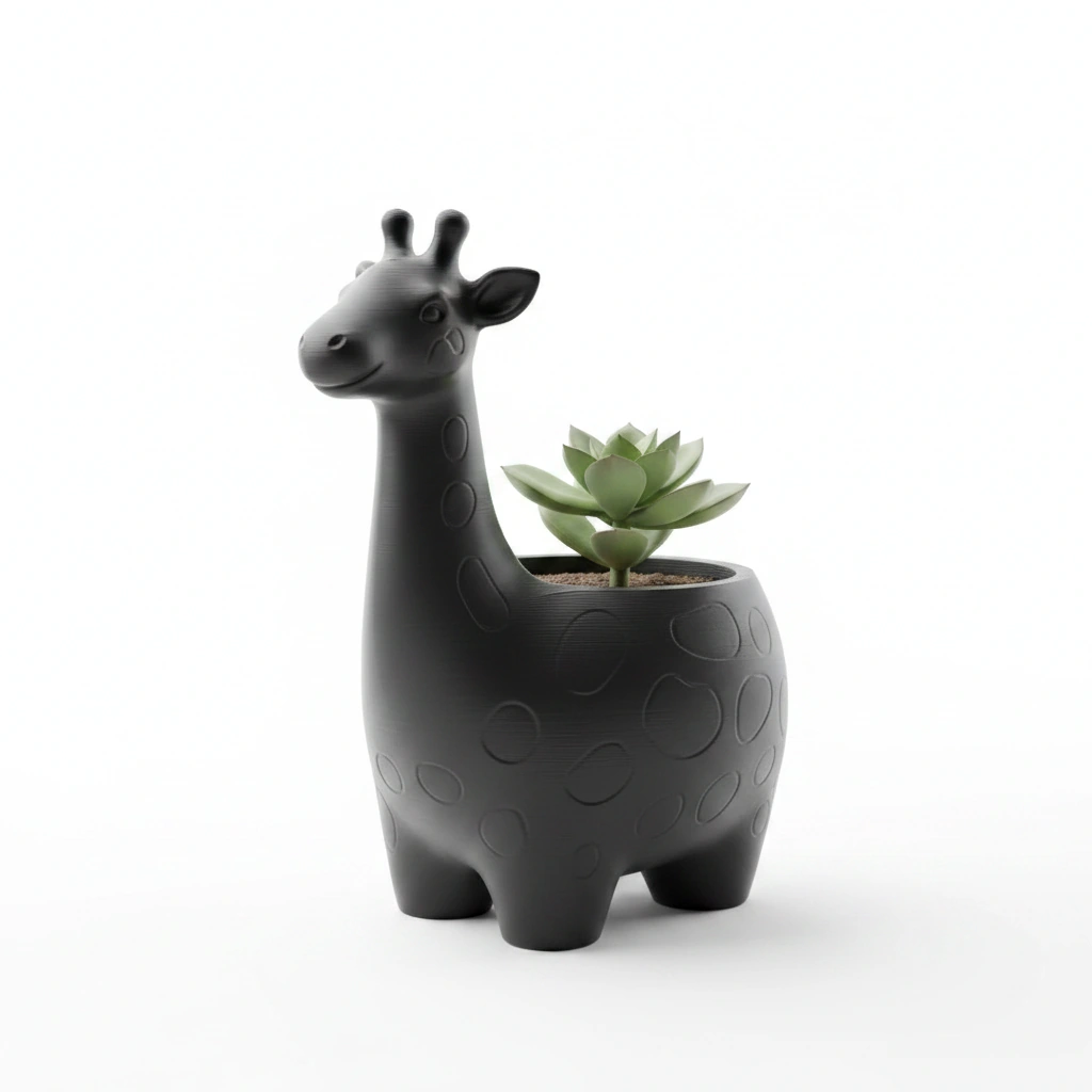 Ghiveci Decorativ Imprimat 3D cu Design Girafa pentru Plante Mici - Negru compozit mat, imprimare 3D Vibecraft