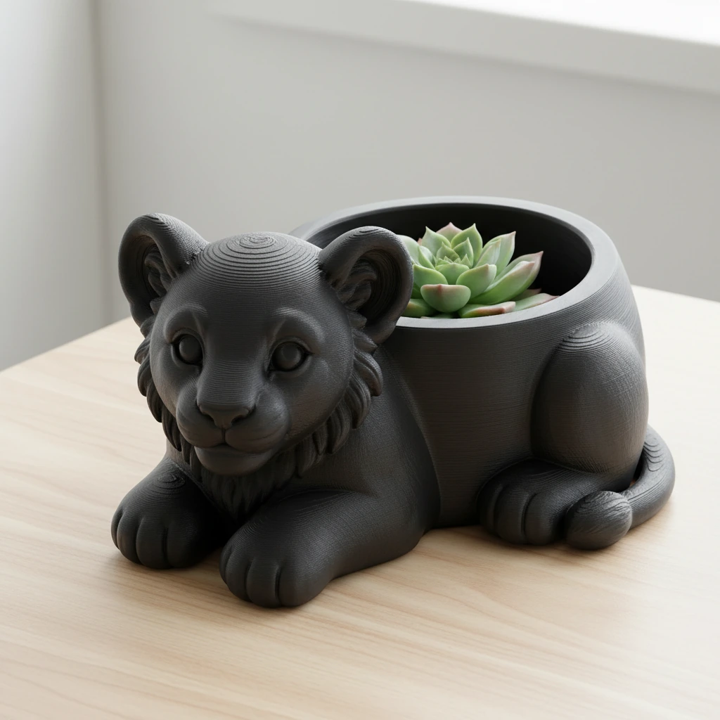 Ghiveci Decorativ Suport Plante Animalut Pui de Leu Imprimat 3D - culoare Negru, produs imprimat 3D Vibecraft