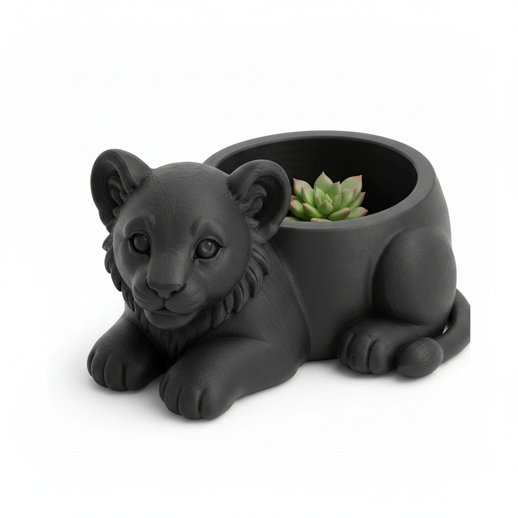 Ghiveci Decorativ Suport Plante Animalut Pui de Leu Imprimat 3D - culoare Negru, produs imprimat 3D Vibecraft